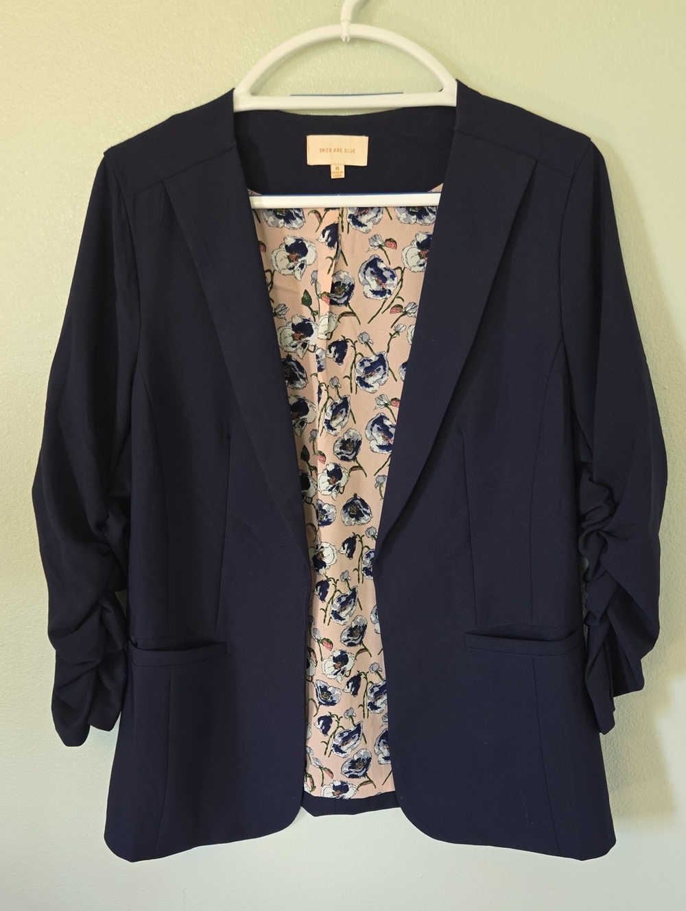 Skies Are Blue | Navy Collarless Ruched Sleeves Blazer Size Medium